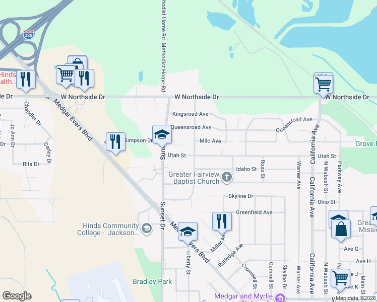 map of restaurants, bars, coffee shops, grocery stores, and more near 2752 Utah Street in Jackson