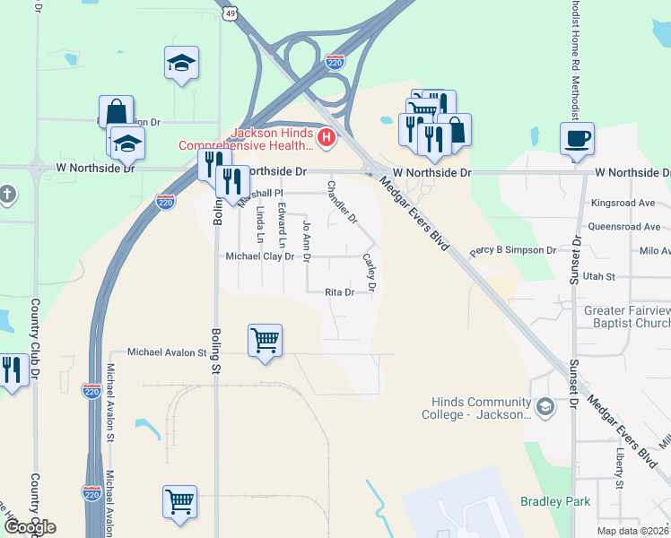 map of restaurants, bars, coffee shops, grocery stores, and more near 118 Michael Clay Court in Jackson