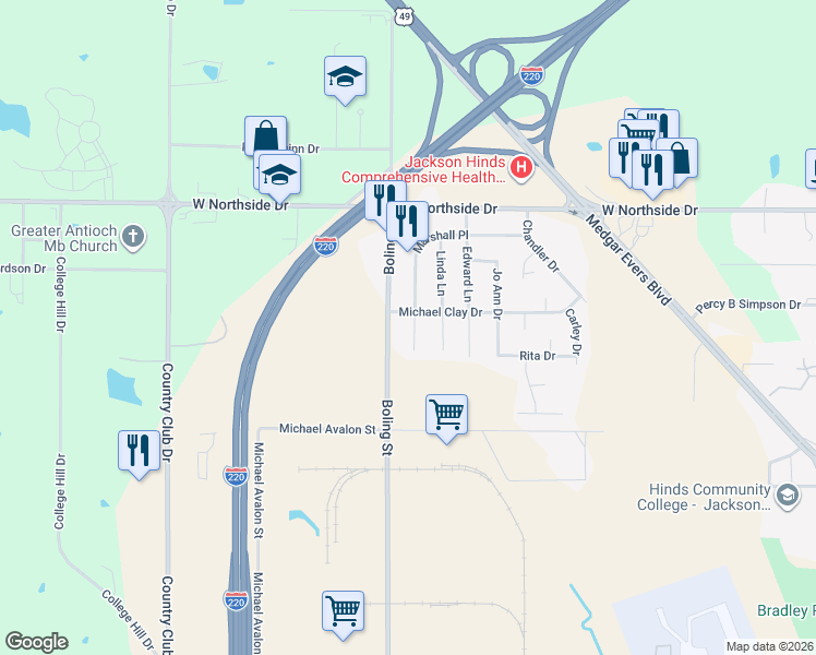 map of restaurants, bars, coffee shops, grocery stores, and more near 1828 Marshall Place in Jackson