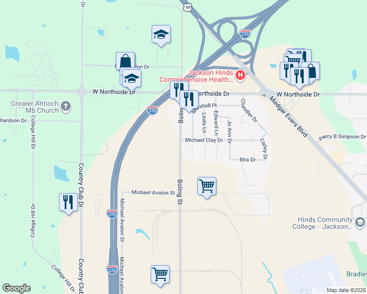 map of restaurants, bars, coffee shops, grocery stores, and more near 1826 Boling Street in Jackson