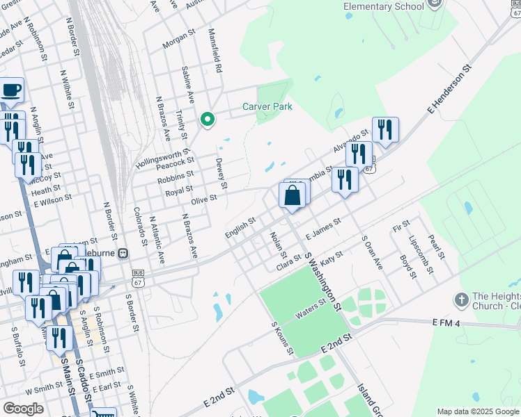 map of restaurants, bars, coffee shops, grocery stores, and more near 1024 Alvarado Street in Cleburne