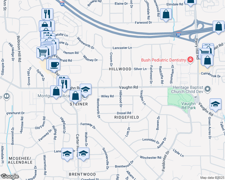 map of restaurants, bars, coffee shops, grocery stores, and more near 3336 Vaughn Road in Montgomery
