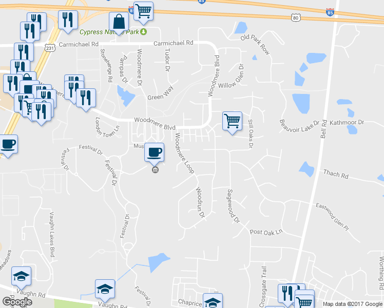 map of restaurants, bars, coffee shops, grocery stores, and more near 6028 Oldcastle Place in Montgomery
