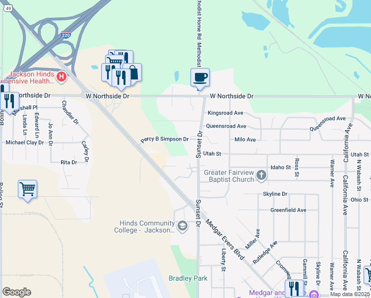 map of restaurants, bars, coffee shops, grocery stores, and more near 4215 Sunset Drive in Jackson