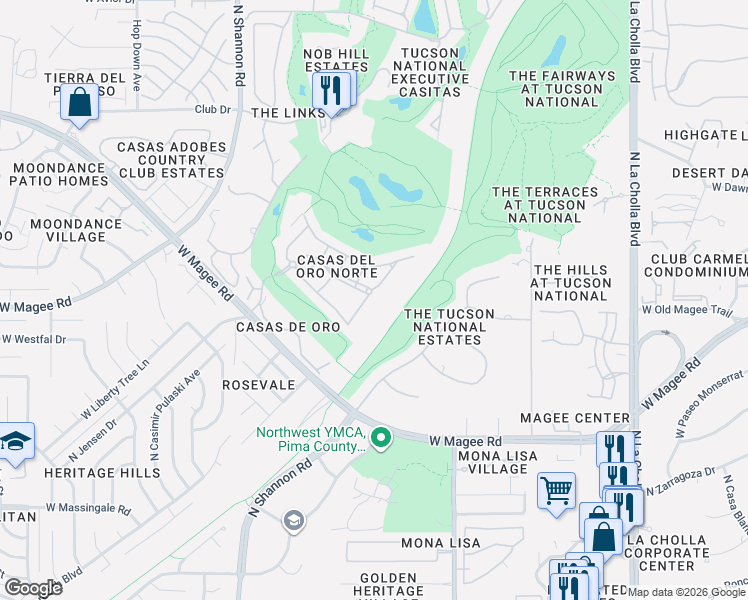 map of restaurants, bars, coffee shops, grocery stores, and more near 7972 North Casas Cameo in Tucson