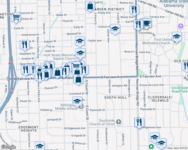 map of restaurants, bars, coffee shops, grocery stores, and more near 1764 South Perry Street in Montgomery