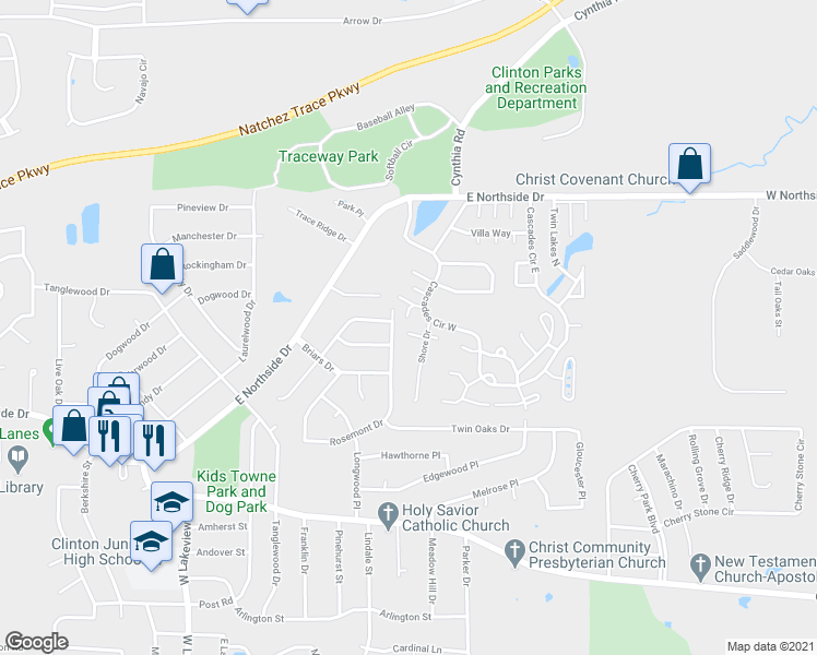 map of restaurants, bars, coffee shops, grocery stores, and more near 6 Shore Drive in Clinton