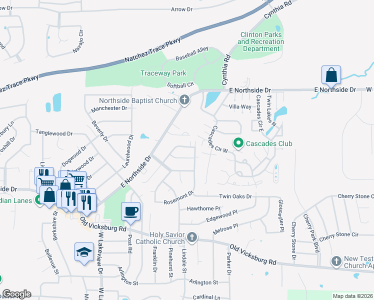 map of restaurants, bars, coffee shops, grocery stores, and more near 106A Briarmeade Drive in Clinton