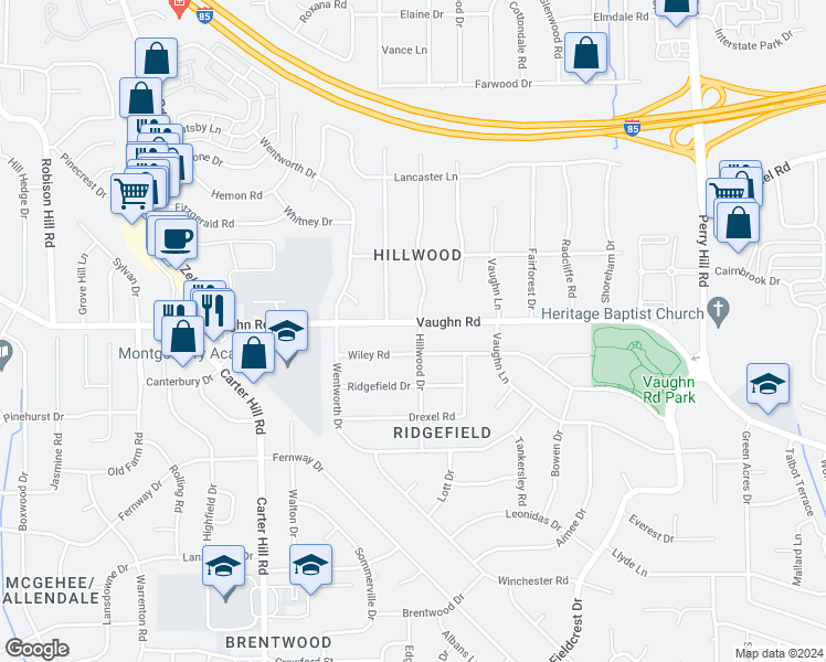 map of restaurants, bars, coffee shops, grocery stores, and more near 1900 Hillwood Drive in Montgomery