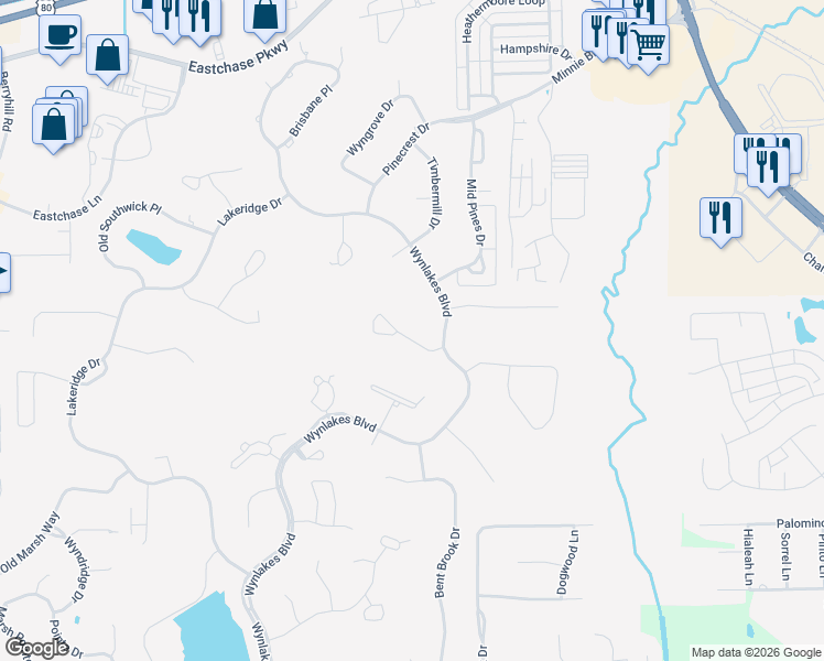 map of restaurants, bars, coffee shops, grocery stores, and more near 9861-9867 Wyncrest Circle in Montgomery