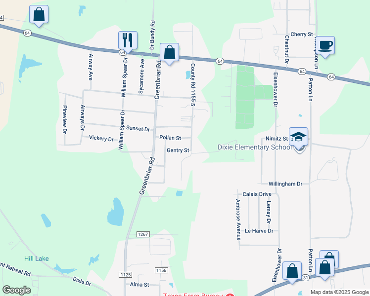 map of restaurants, bars, coffee shops, grocery stores, and more near 12384 Gentry Street in Tyler