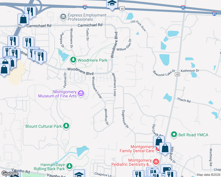 map of restaurants, bars, coffee shops, grocery stores, and more near 6024 Bolingbrook Drive in Montgomery