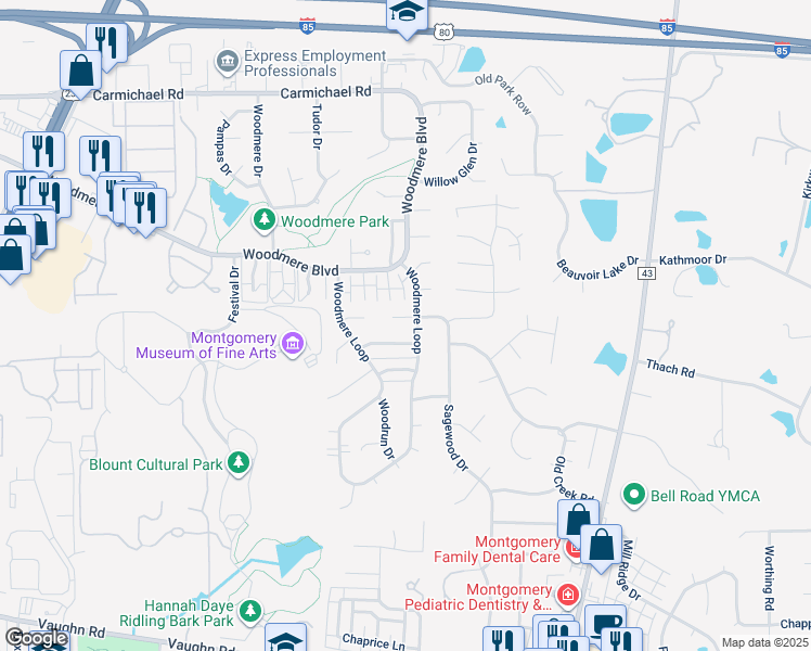 map of restaurants, bars, coffee shops, grocery stores, and more near 6028 Bolingbrook Drive in Montgomery