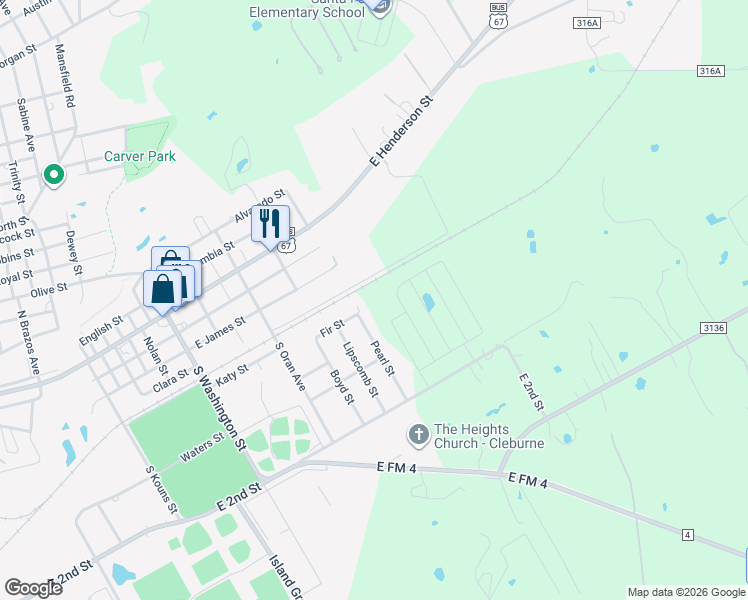map of restaurants, bars, coffee shops, grocery stores, and more near 401 Fir St in Cleburne