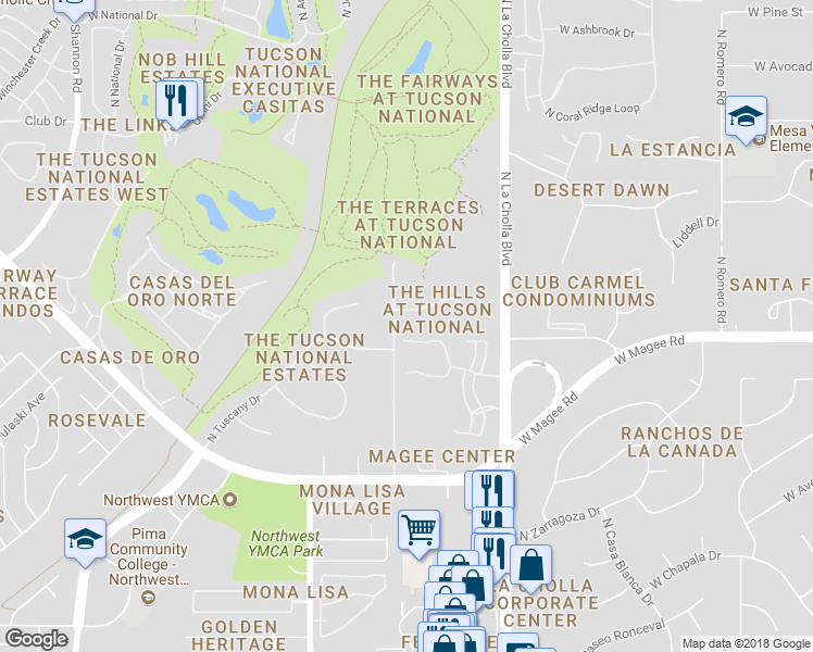 map of restaurants, bars, coffee shops, grocery stores, and more near 2275 West National Ridge Place in Tucson