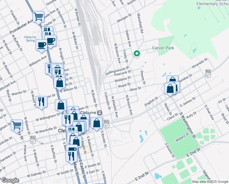 map of restaurants, bars, coffee shops, grocery stores, and more near 203 Olive Street in Cleburne