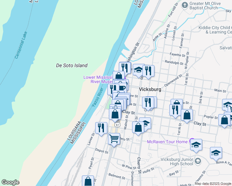 map of restaurants, bars, coffee shops, grocery stores, and more near 500 Grove Street in Vicksburg