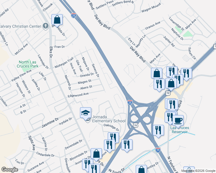map of restaurants, bars, coffee shops, grocery stores, and more near 1231 Edgewood Avenue in Las Cruces