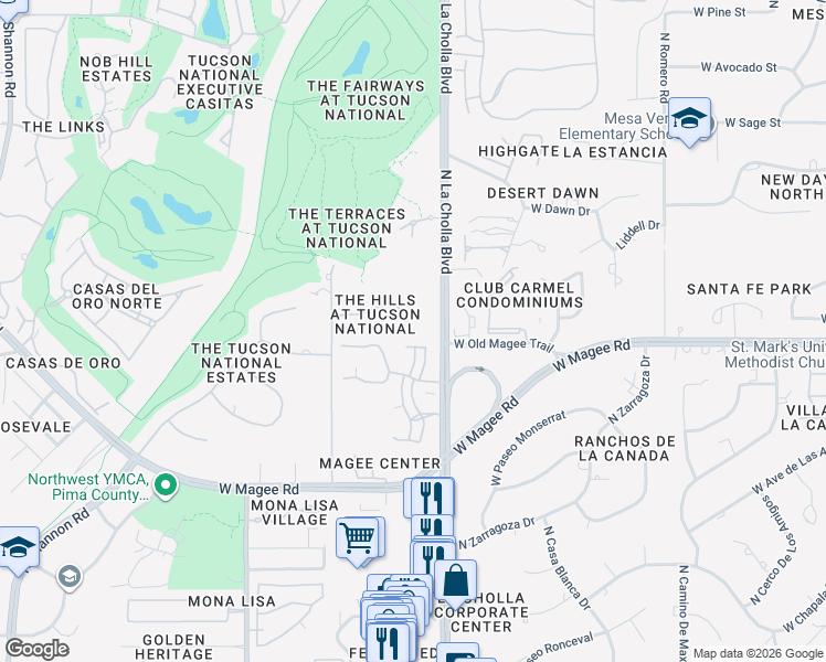 map of restaurants, bars, coffee shops, grocery stores, and more near 2155 West National Ridge Place in Tucson