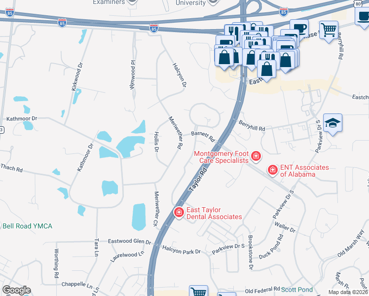 map of restaurants, bars, coffee shops, grocery stores, and more near 1431 Meriwether Road in Montgomery