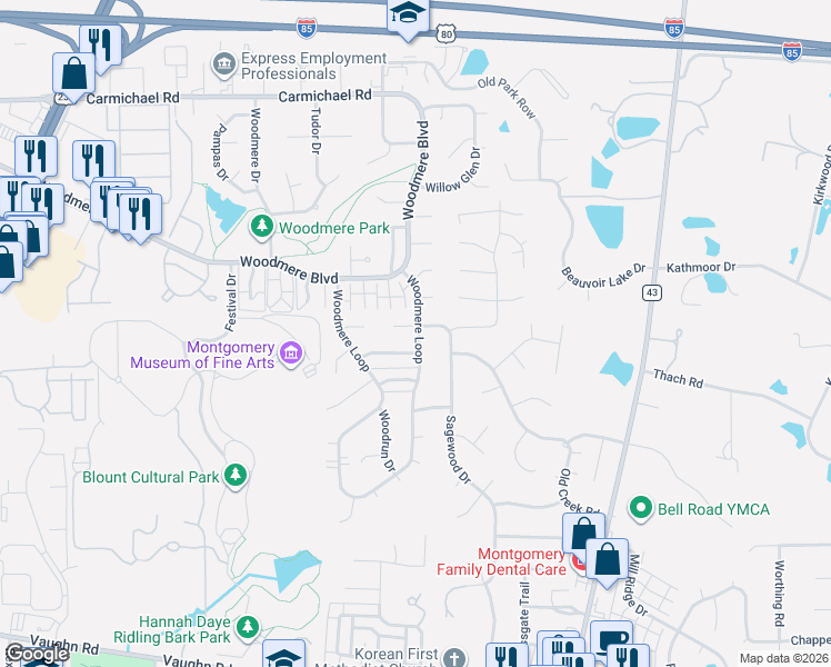 map of restaurants, bars, coffee shops, grocery stores, and more near 6028 Bolingbrook Drive in Montgomery