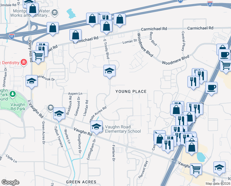 map of restaurants, bars, coffee shops, grocery stores, and more near 4475 White Acres Road in Montgomery