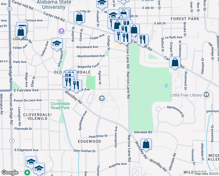 map of restaurants, bars, coffee shops, grocery stores, and more near 1421 East Fairview Avenue in Montgomery