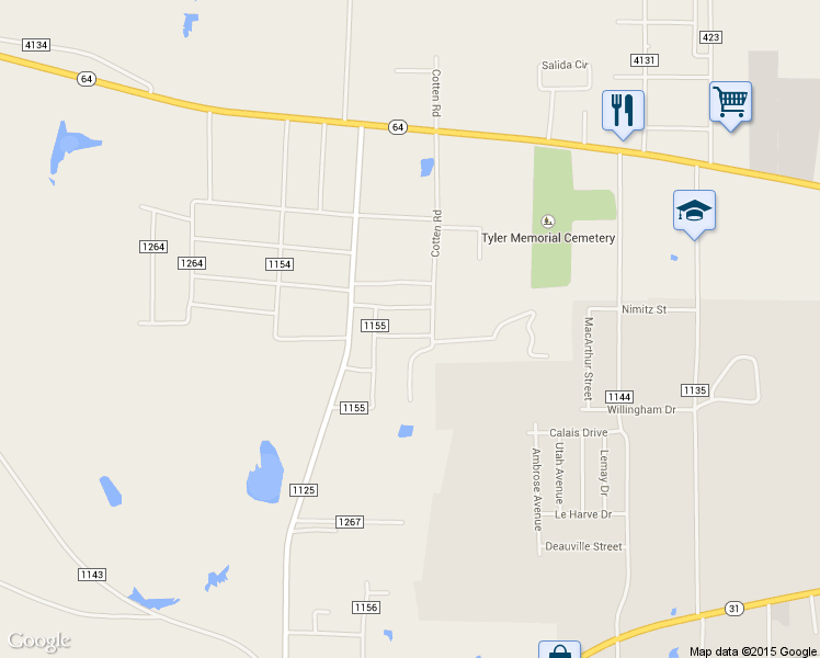 map of restaurants, bars, coffee shops, grocery stores, and more near 12384 Gentry Street in Tyler