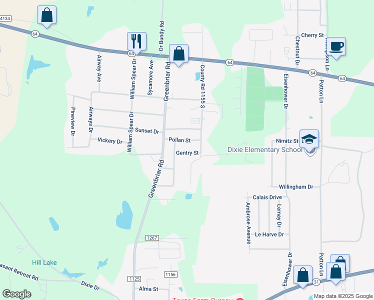 map of restaurants, bars, coffee shops, grocery stores, and more near 12498 Gentry Street in Tyler