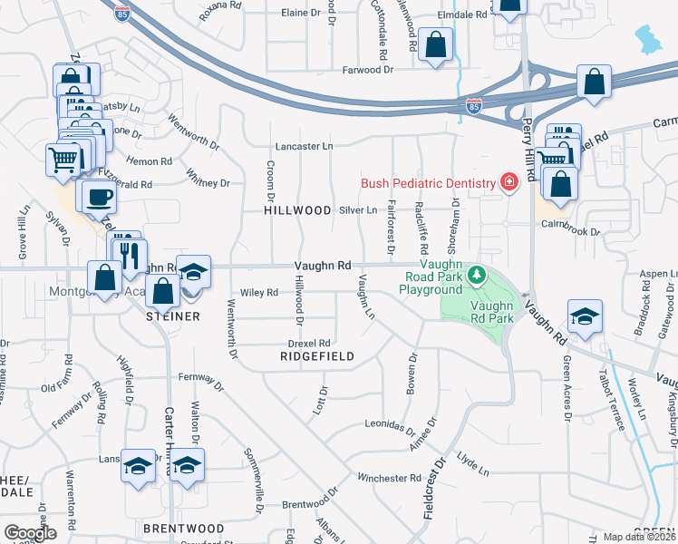 map of restaurants, bars, coffee shops, grocery stores, and more near 3430 Vaughn Road in Montgomery