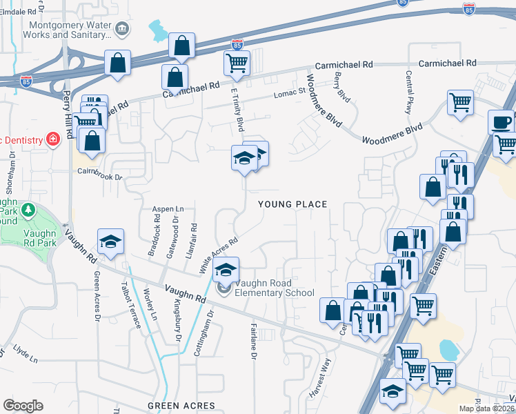 map of restaurants, bars, coffee shops, grocery stores, and more near 4475 White Acres Road in Montgomery