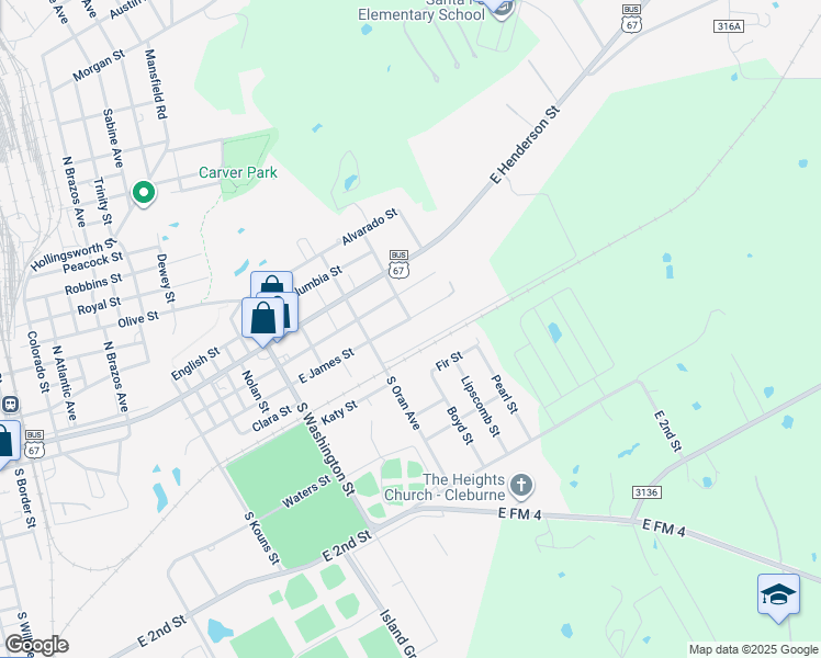 map of restaurants, bars, coffee shops, grocery stores, and more near 1218 East James Street in Cleburne