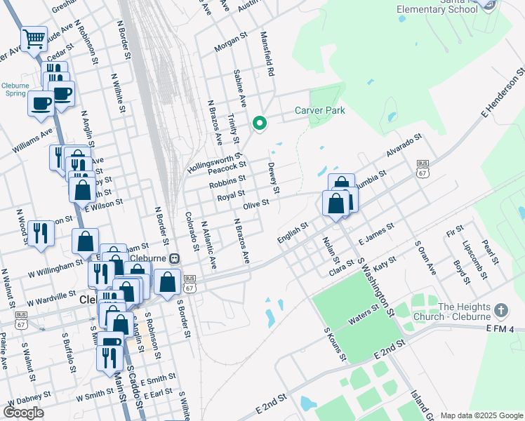 map of restaurants, bars, coffee shops, grocery stores, and more near 502 Olive Street in Cleburne