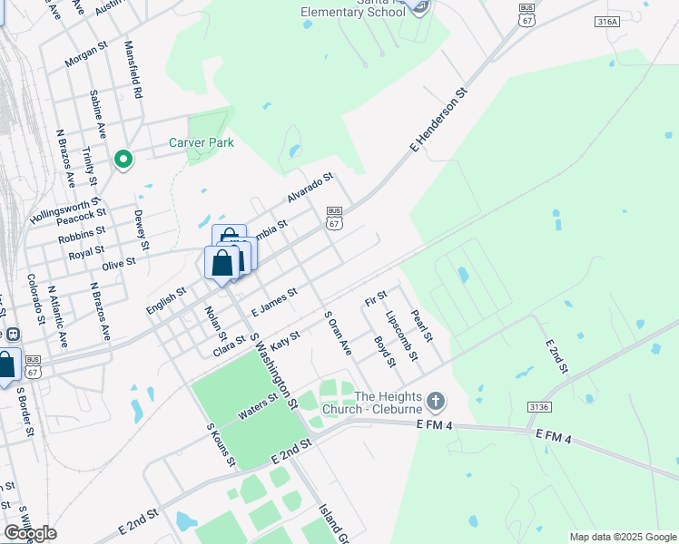 map of restaurants, bars, coffee shops, grocery stores, and more near 1218 East James Street in Cleburne