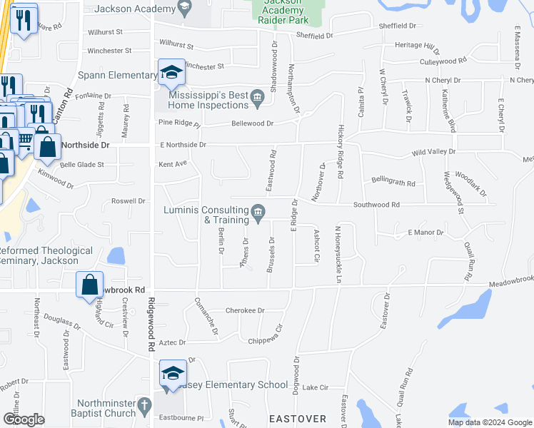 map of restaurants, bars, coffee shops, grocery stores, and more near 2050 London Avenue in Jackson