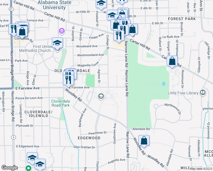 map of restaurants, bars, coffee shops, grocery stores, and more near 1435 East Fairview Avenue in Montgomery