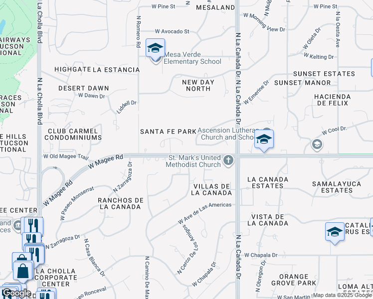 map of restaurants, bars, coffee shops, grocery stores, and more near 1600 West Chimayo Place in Tucson