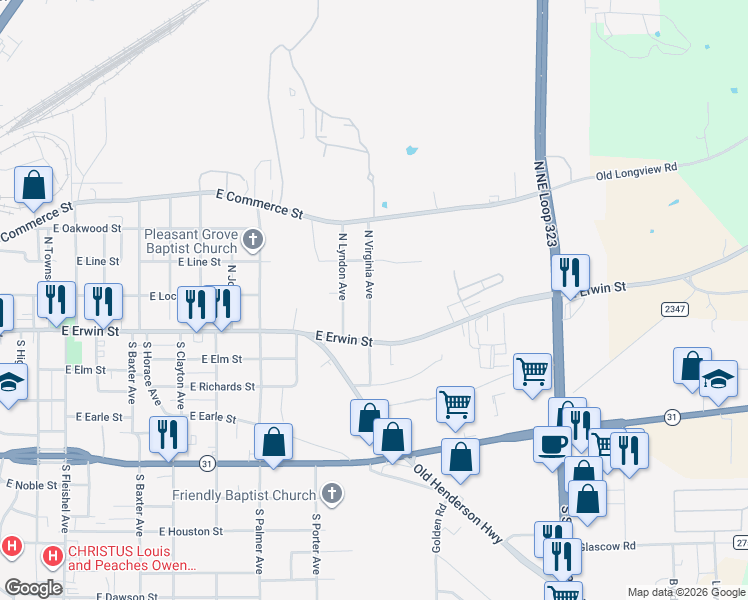 map of restaurants, bars, coffee shops, grocery stores, and more near 137 North Virginia Avenue in Tyler