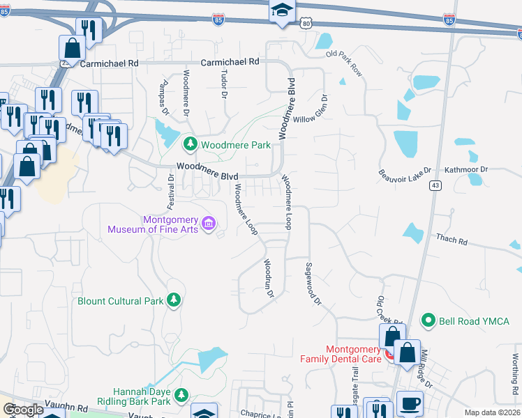 map of restaurants, bars, coffee shops, grocery stores, and more near 6028 Oldcastle Place in Montgomery