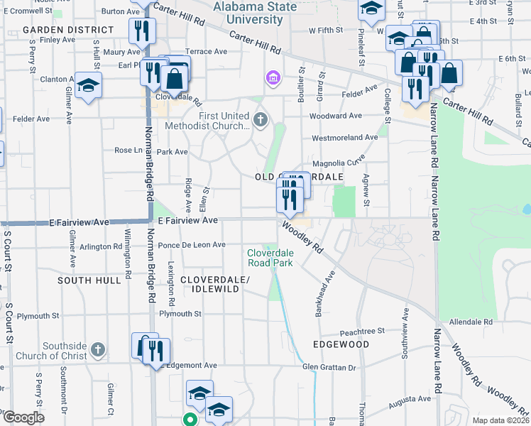 map of restaurants, bars, coffee shops, grocery stores, and more near 921 East Fairview Avenue in Montgomery