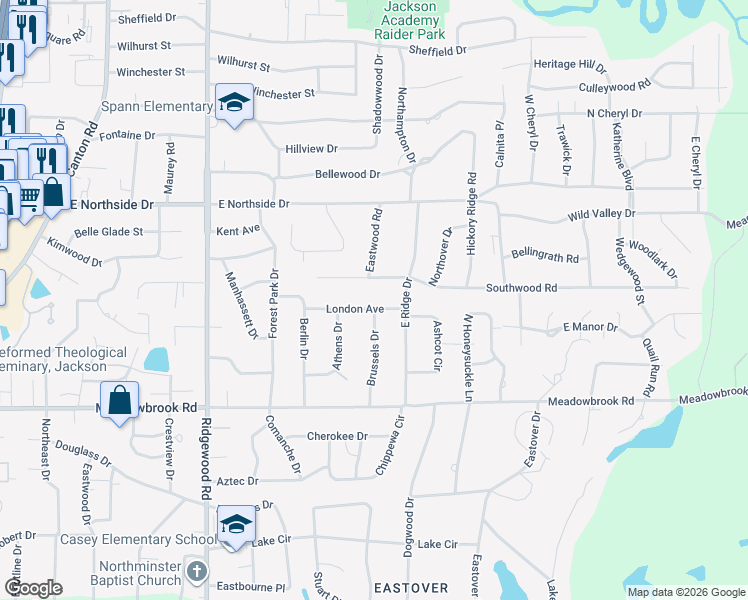 map of restaurants, bars, coffee shops, grocery stores, and more near 2050 London Ave in Jackson