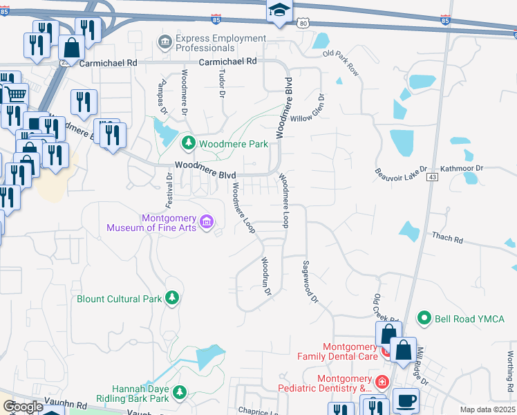map of restaurants, bars, coffee shops, grocery stores, and more near 6036 Oldcastle Place in Montgomery