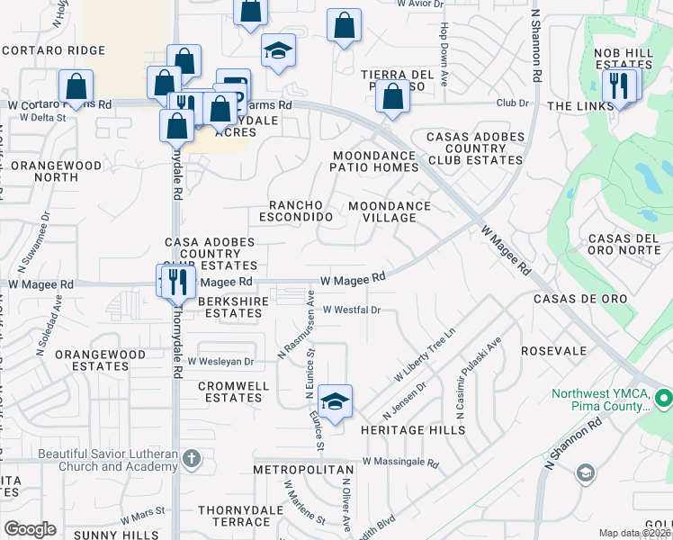 map of restaurants, bars, coffee shops, grocery stores, and more near 3403 West Sagebrush Hills Court in Tucson