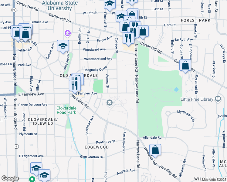 map of restaurants, bars, coffee shops, grocery stores, and more near 1421 East Fairview Avenue in Montgomery