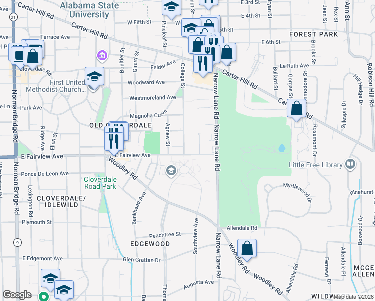 map of restaurants, bars, coffee shops, grocery stores, and more near 1505 East Fairview Avenue in Montgomery