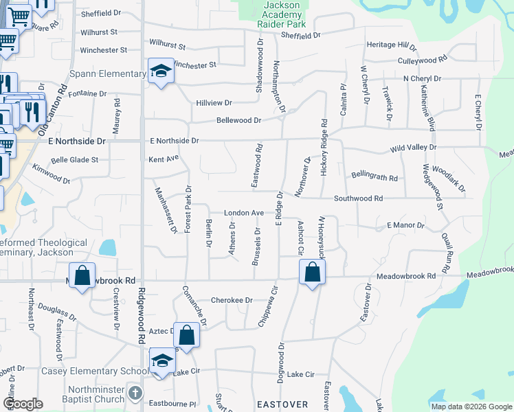 map of restaurants, bars, coffee shops, grocery stores, and more near 2050 London Ave in Jackson