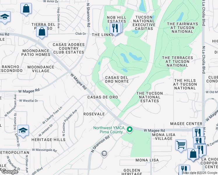 map of restaurants, bars, coffee shops, grocery stores, and more near 2735 West Casas Circle in Tucson