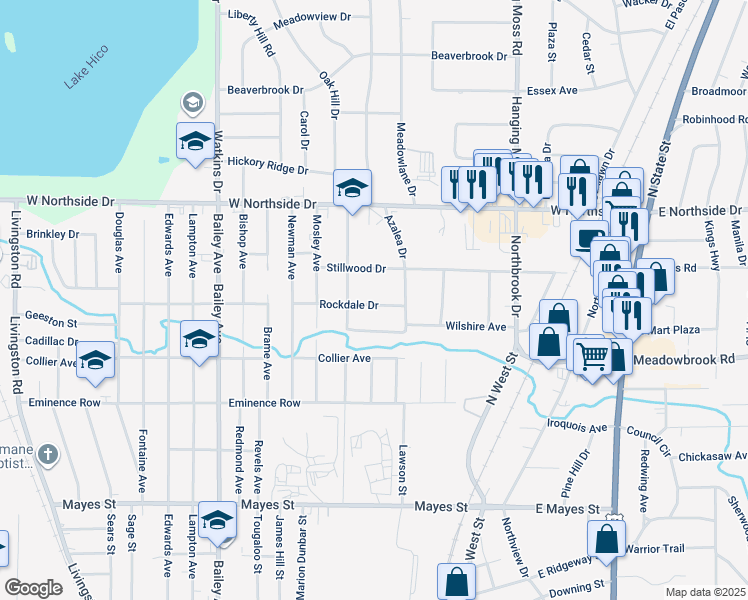 map of restaurants, bars, coffee shops, grocery stores, and more near 438 Rockdale Drive in Jackson