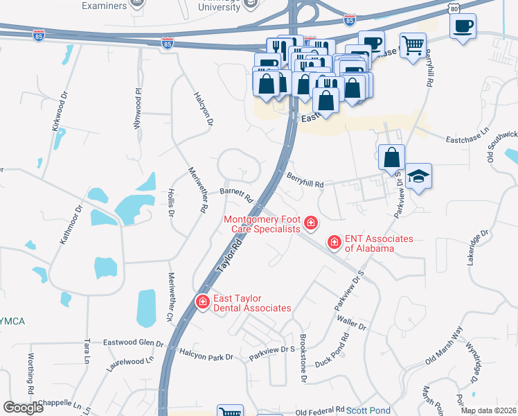 map of restaurants, bars, coffee shops, grocery stores, and more near 1800 Halcyon Boulevard in Montgomery