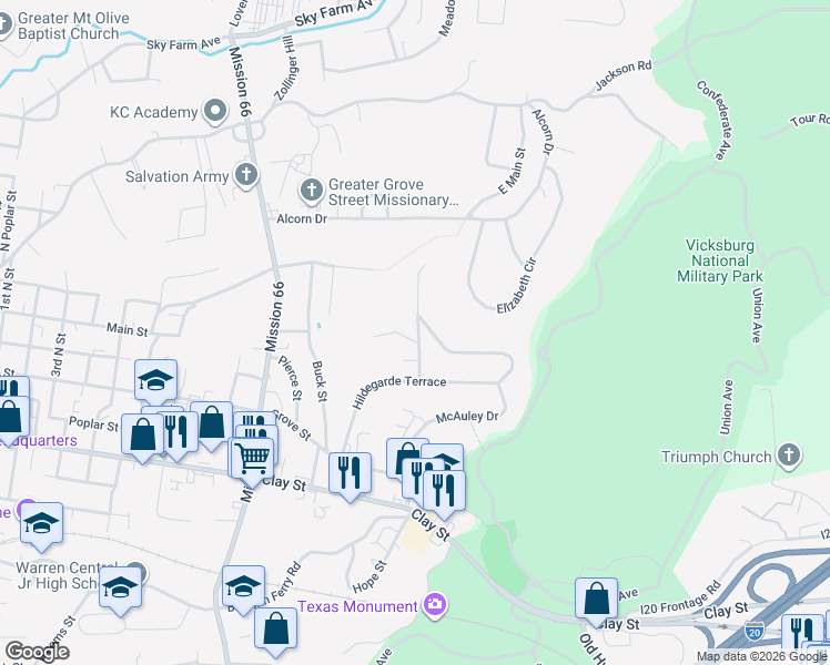 map of restaurants, bars, coffee shops, grocery stores, and more near 330 McAuley Dr in Vicksburg